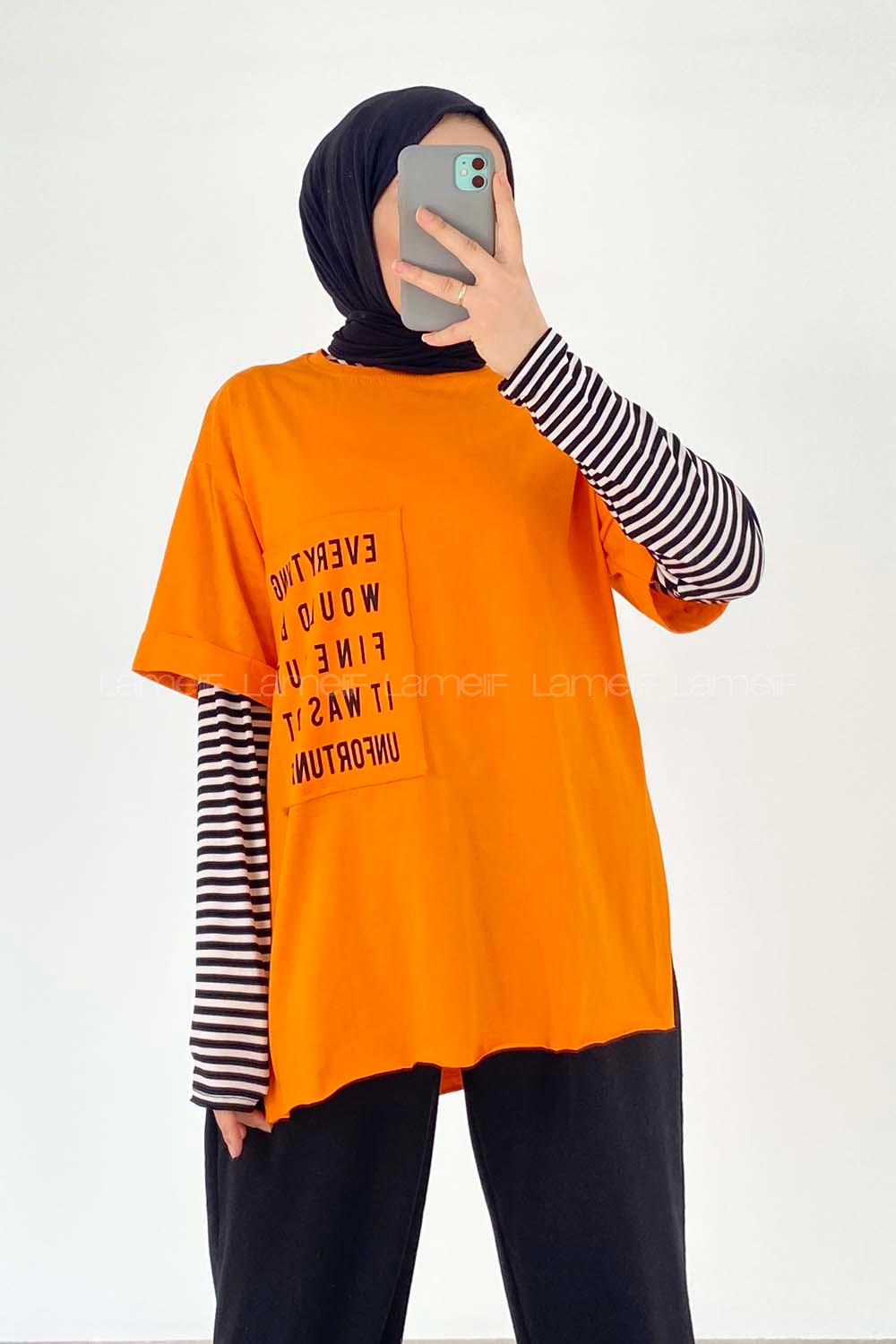 Modalamelif Everything Baskılı  Duble Kol Yan Yırtmaçlı T-Shirt Oranj