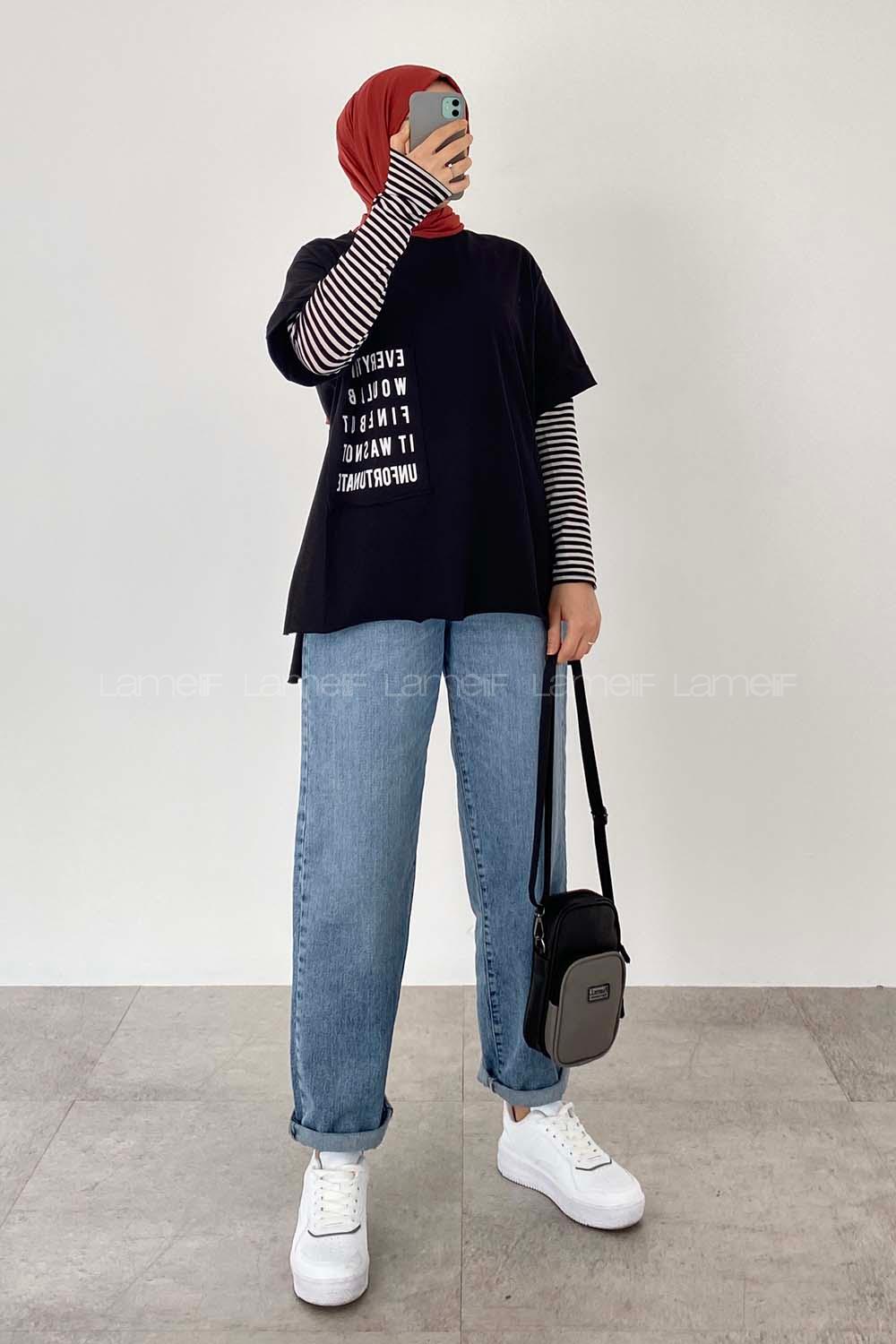 Modalamelif Everything Baskılı  Duble Kol Yan Yırtmaçlı T-Shirt Siyah