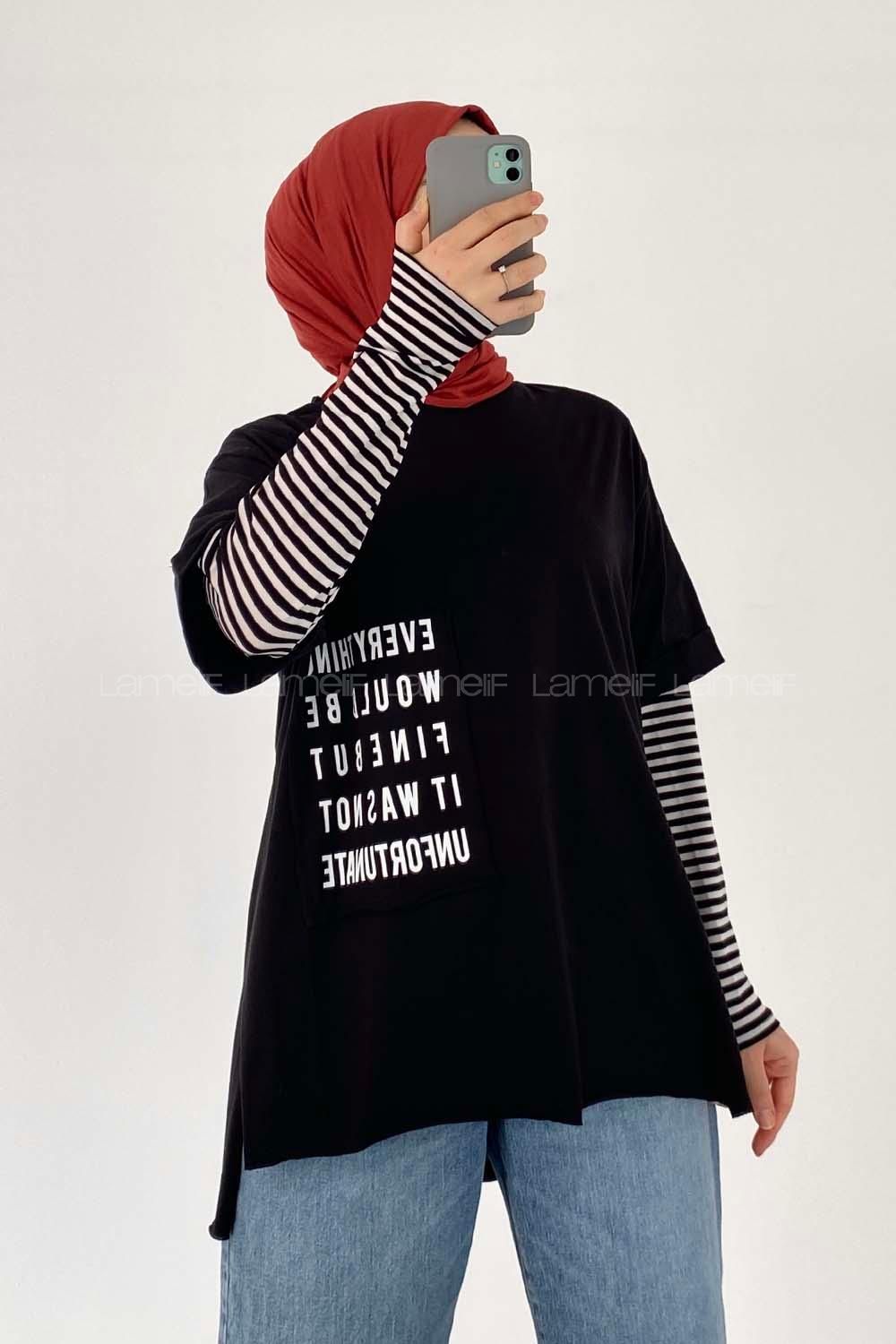 Modalamelif Everything Baskılı  Duble Kol Yan Yırtmaçlı T-Shirt Siyah