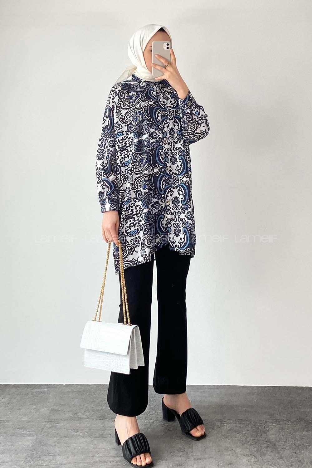 Modalamelif  Kilim Desen Dijital Baskı Gömlek Ekru- Mavi