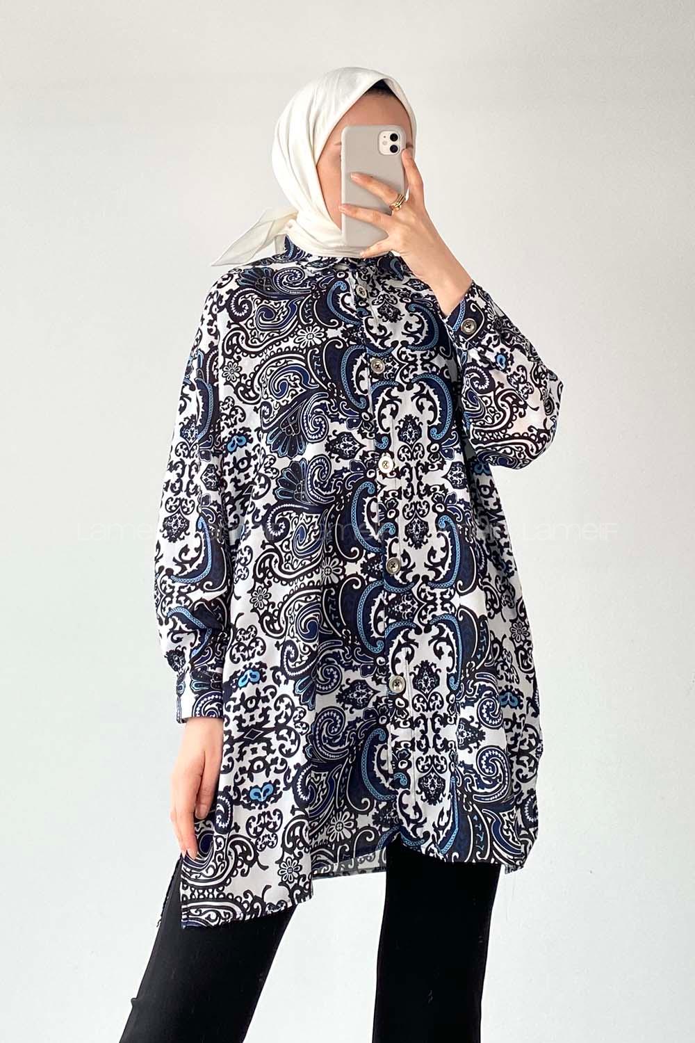 Modalamelif  Kilim Desen Dijital Baskı Gömlek Ekru- Mavi