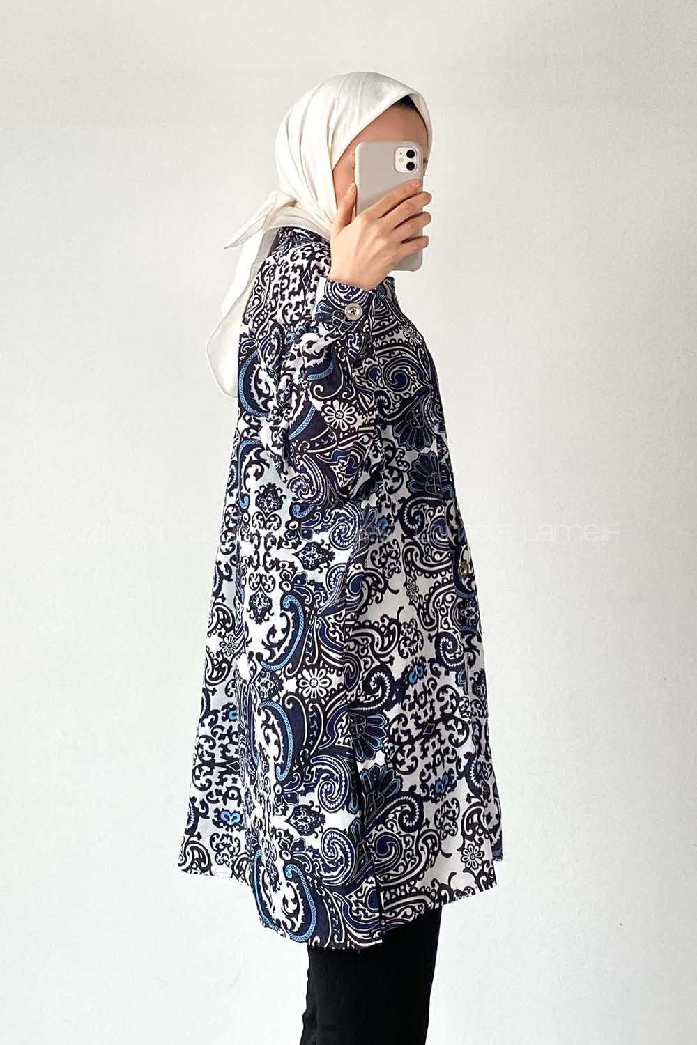 Modalamelif  Kilim Desen Dijital Baskı Gömlek Ekru- Mavi