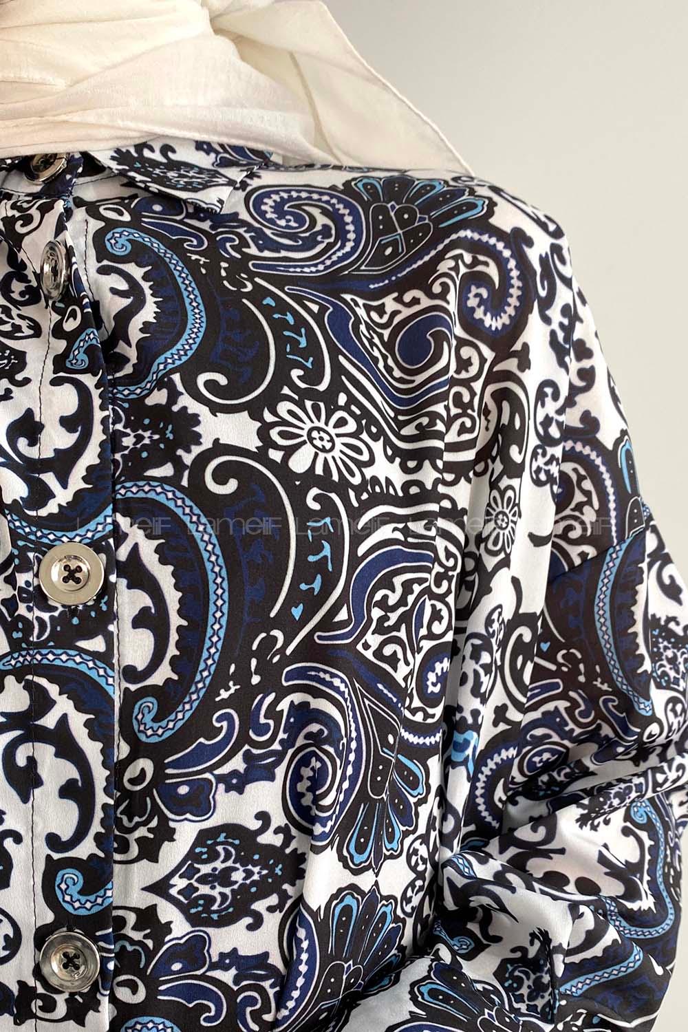 Modalamelif  Kilim Desen Dijital Baskı Gömlek Ekru- Mavi