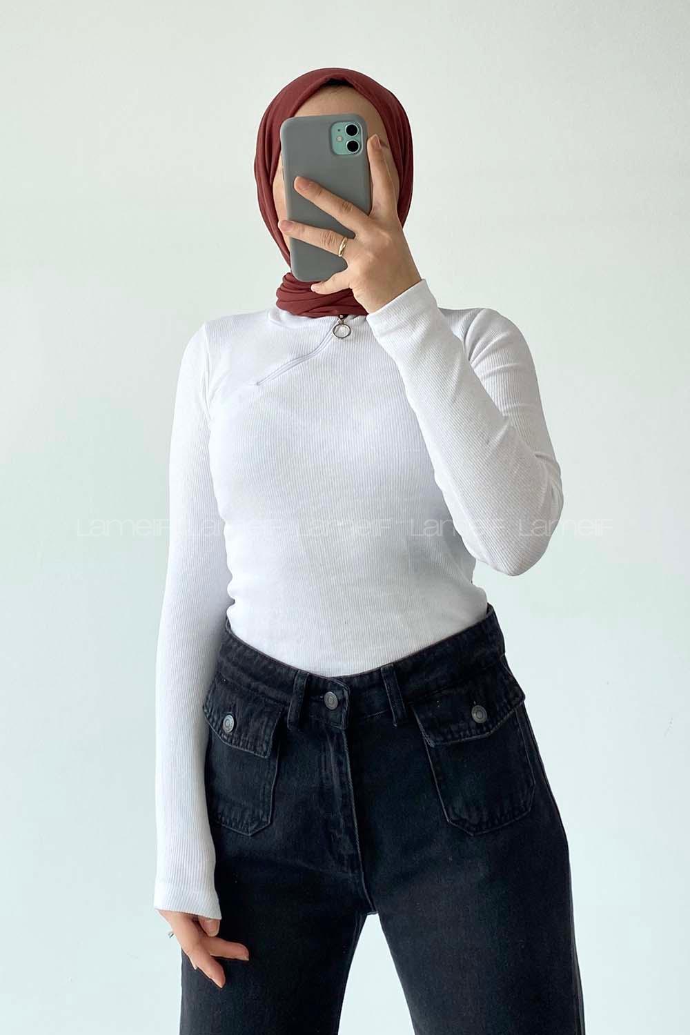 Lamelif Çapraz Fermuar Detaylı Body Beyaz