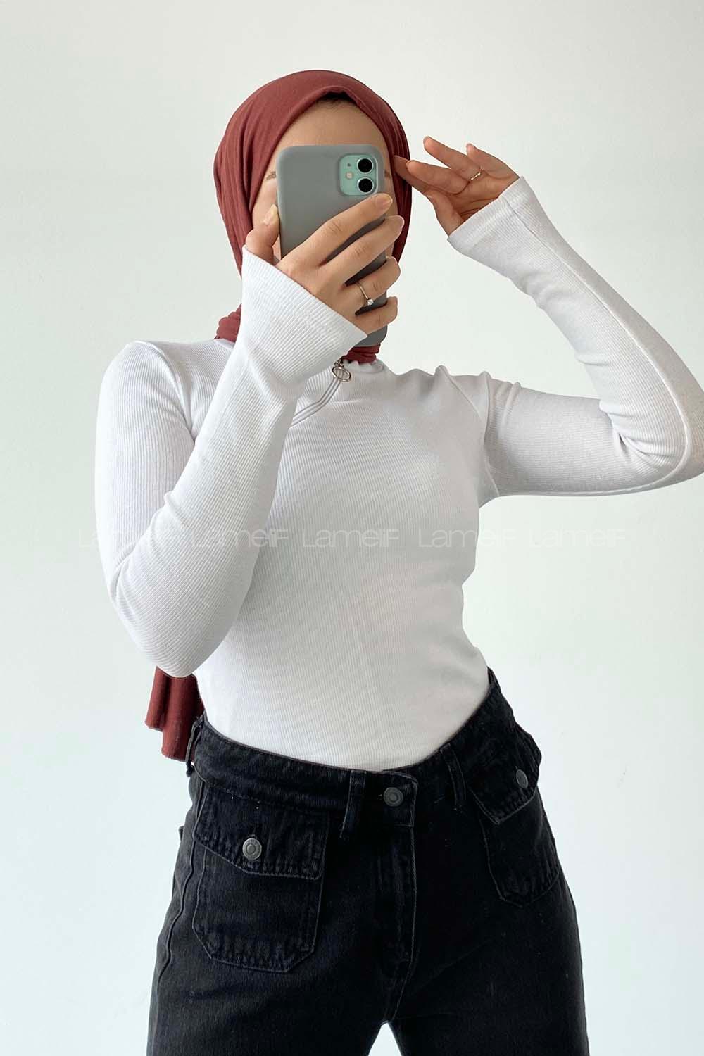 Lamelif Çapraz Fermuar Detaylı Body Beyaz