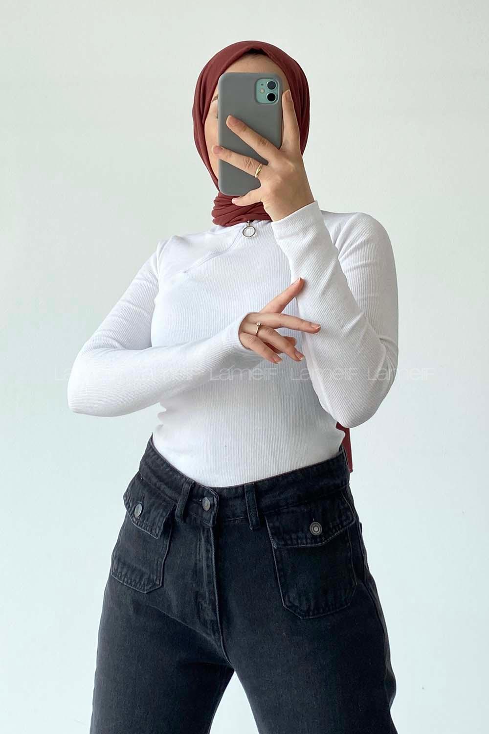 Lamelif Çapraz Fermuar Detaylı Body Beyaz