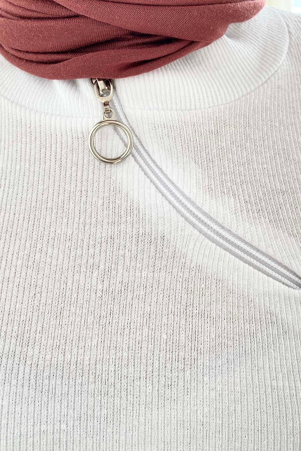 Lamelif Çapraz Fermuar Detaylı Body Beyaz