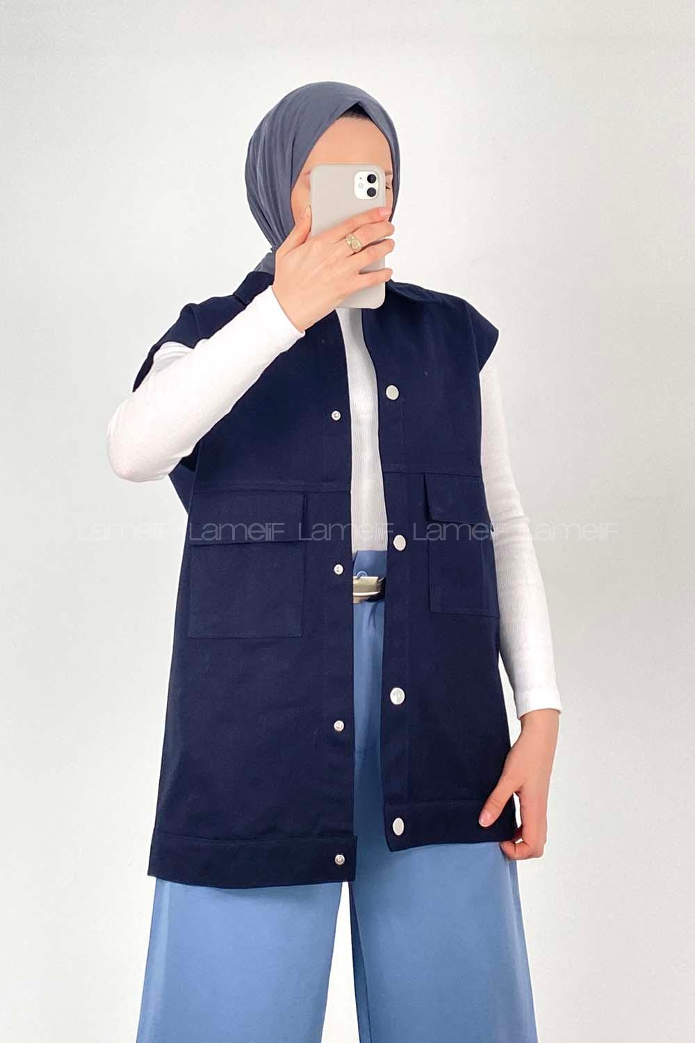 Lamelif Önü Çıtçıt Düğmeli Yelek Lacivert