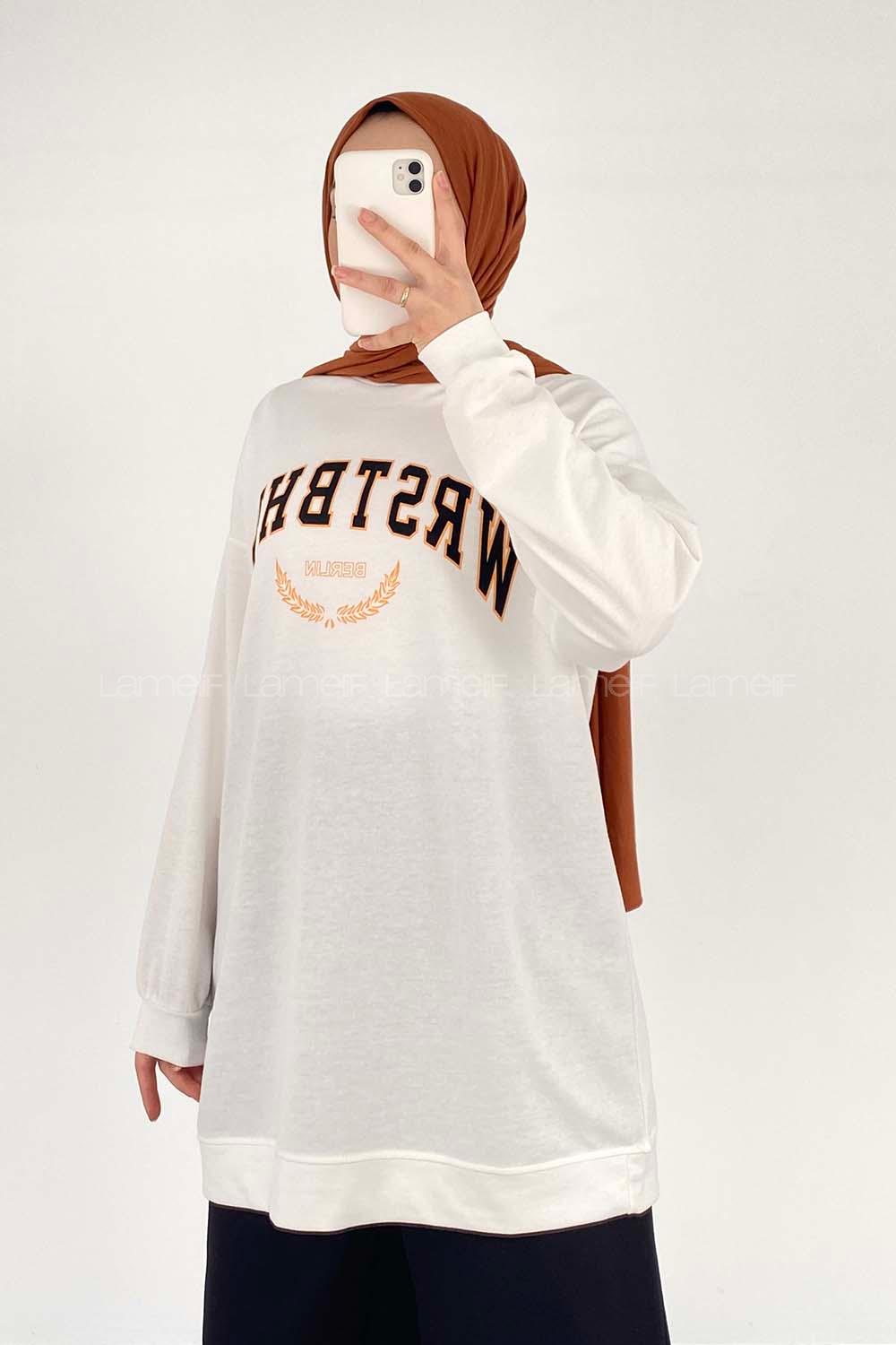 Lamelif Bisiklet Yaka Wrstbhvr Berlin Yazı Baskılı Sweat Ekru