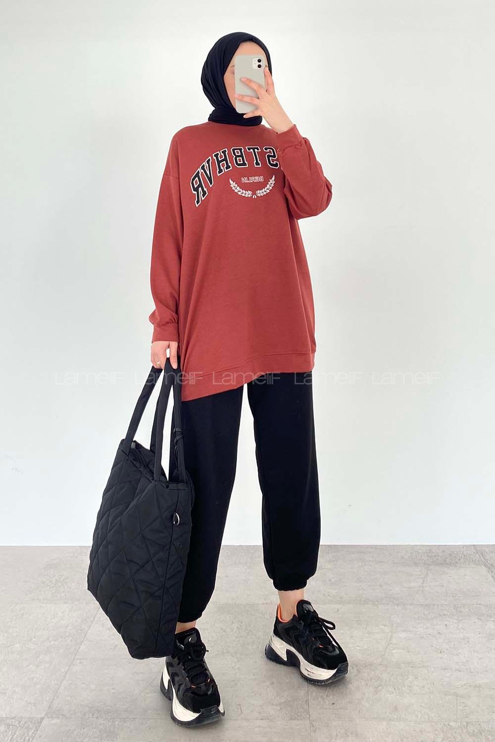 Modalamelif Bisiklet Yaka WRSTBHVR BERLİN Yazı Baskılı Sweat Kiremit