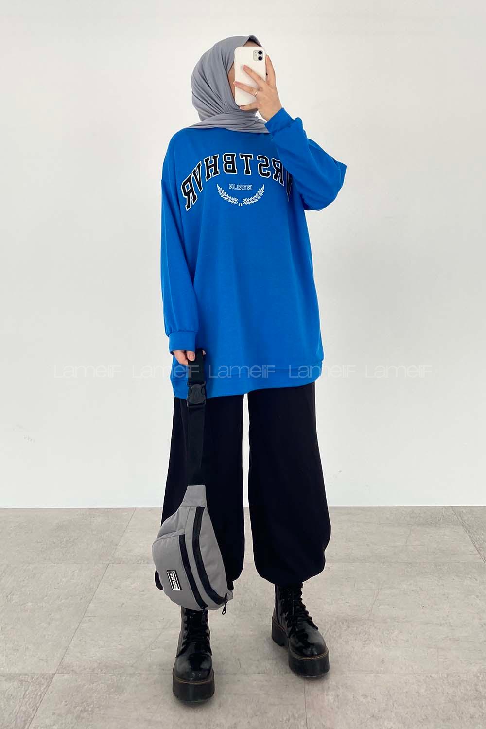 Modalamelif Bisiklet Yaka WRSTBHVR BERLİN Yazı Baskılı Sweat Saks Mavisi