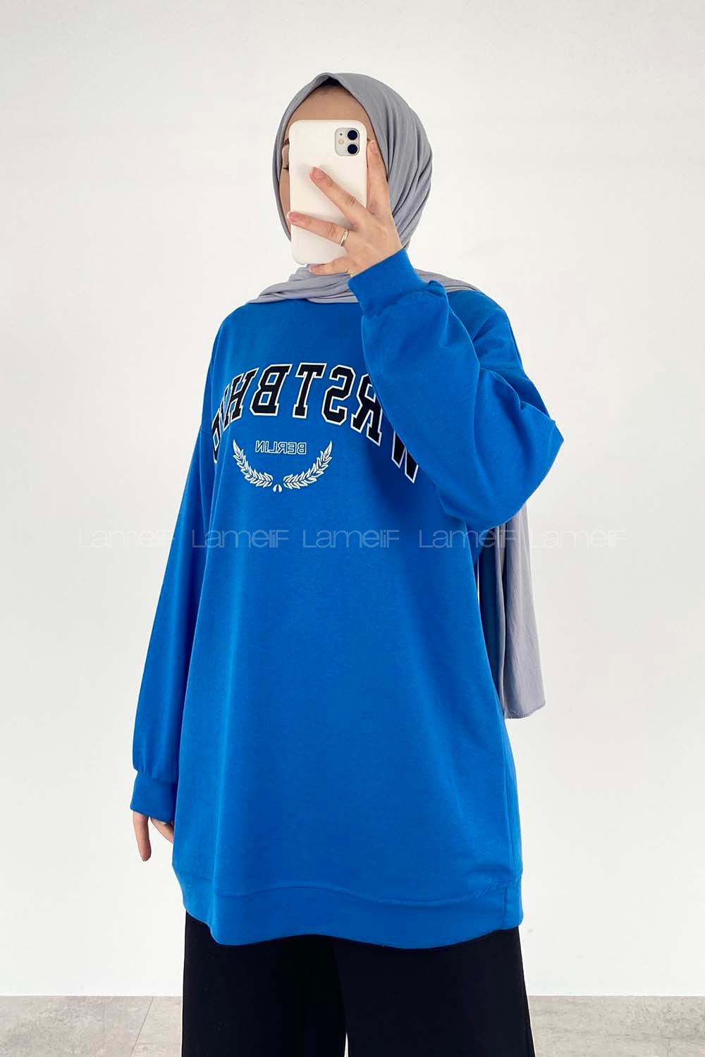 Modalamelif Bisiklet Yaka WRSTBHVR BERLİN Yazı Baskılı Sweat Saks Mavisi