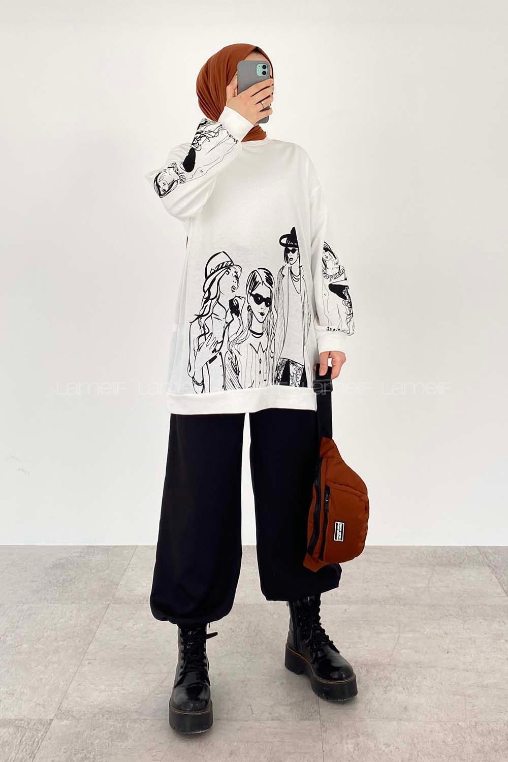 Modalamelif Bisiklet Yakalı Kız Baskılı Sweat Tunik Beyaz