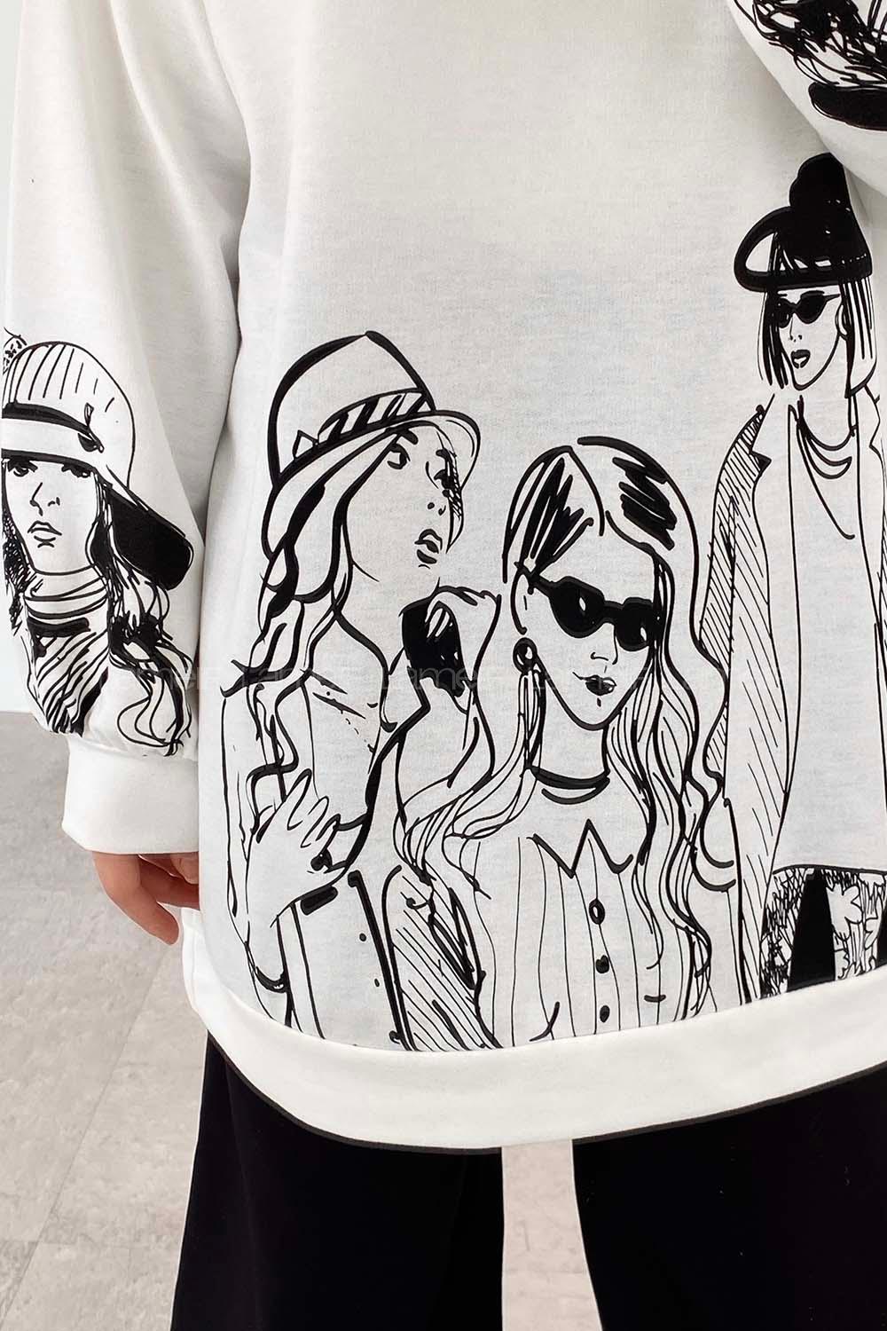 Modalamelif Bisiklet Yakalı Kız Baskılı Sweat Tunik Beyaz