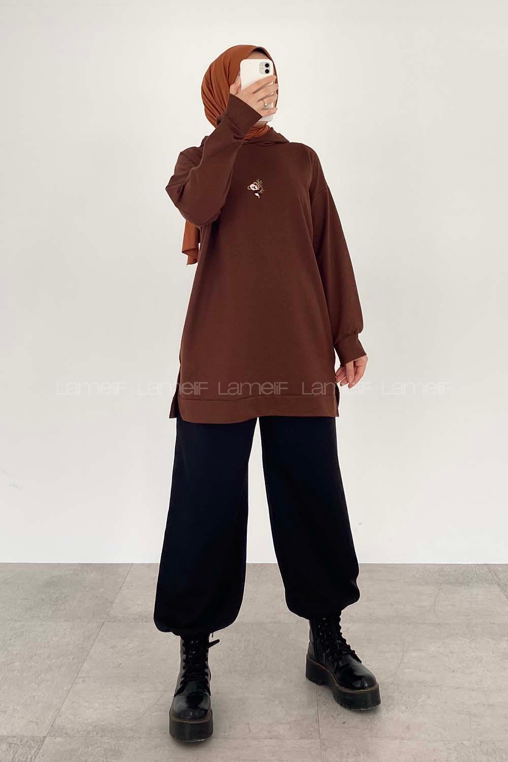 Modalamelif  Koala Nakışlı Kapüşonlu Tunik Acı Kahve