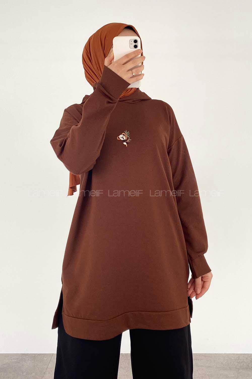 Modalamelif  Koala Nakışlı Kapüşonlu Tunik Acı Kahve