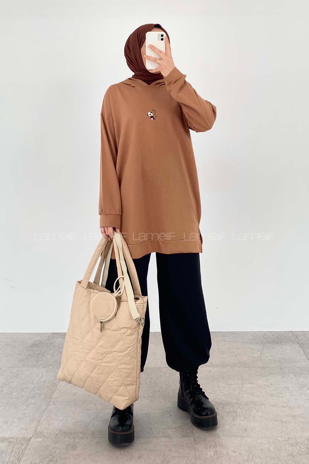 Modalamelif  Koala Nakışlı Kapüşonlu Tunik Camel