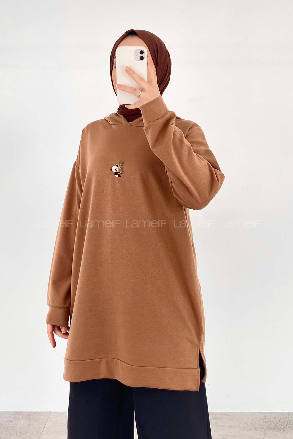 Modalamelif  Koala Nakışlı Kapüşonlu Tunik Camel