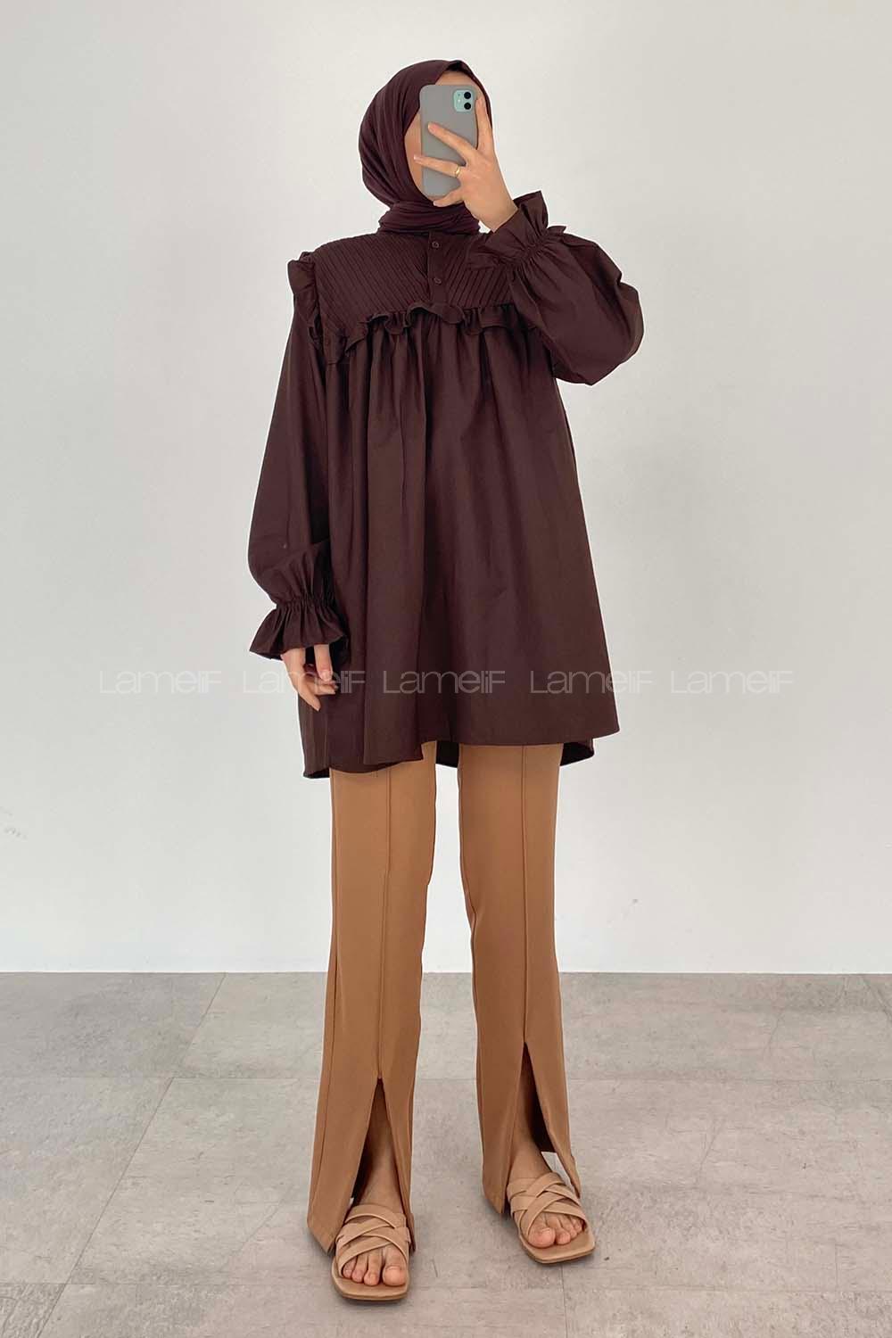 Modalamelif Omuz Fırfırlı Pileli Tunik Acıkahve