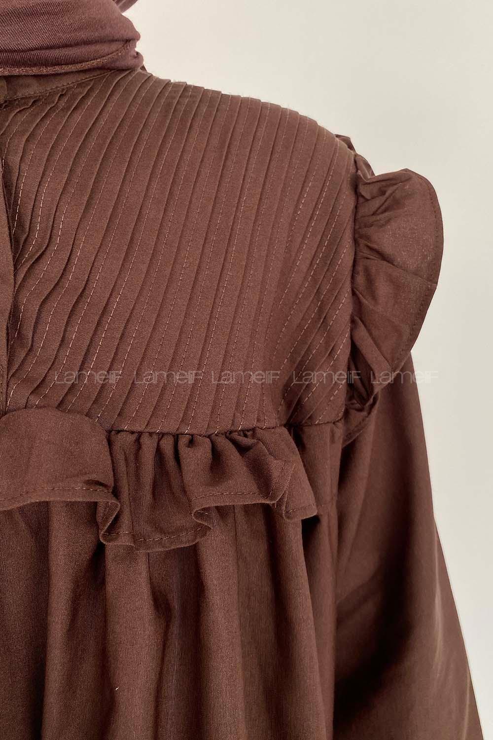 Modalamelif Omuz Fırfırlı Pileli Tunik Acıkahve