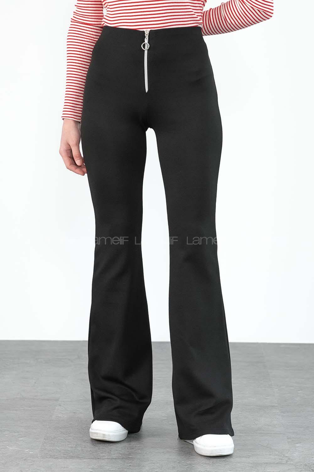 Modalamelif Önü Fermuarlı İspanyol Paça Çelik Örme Tayt Siyah