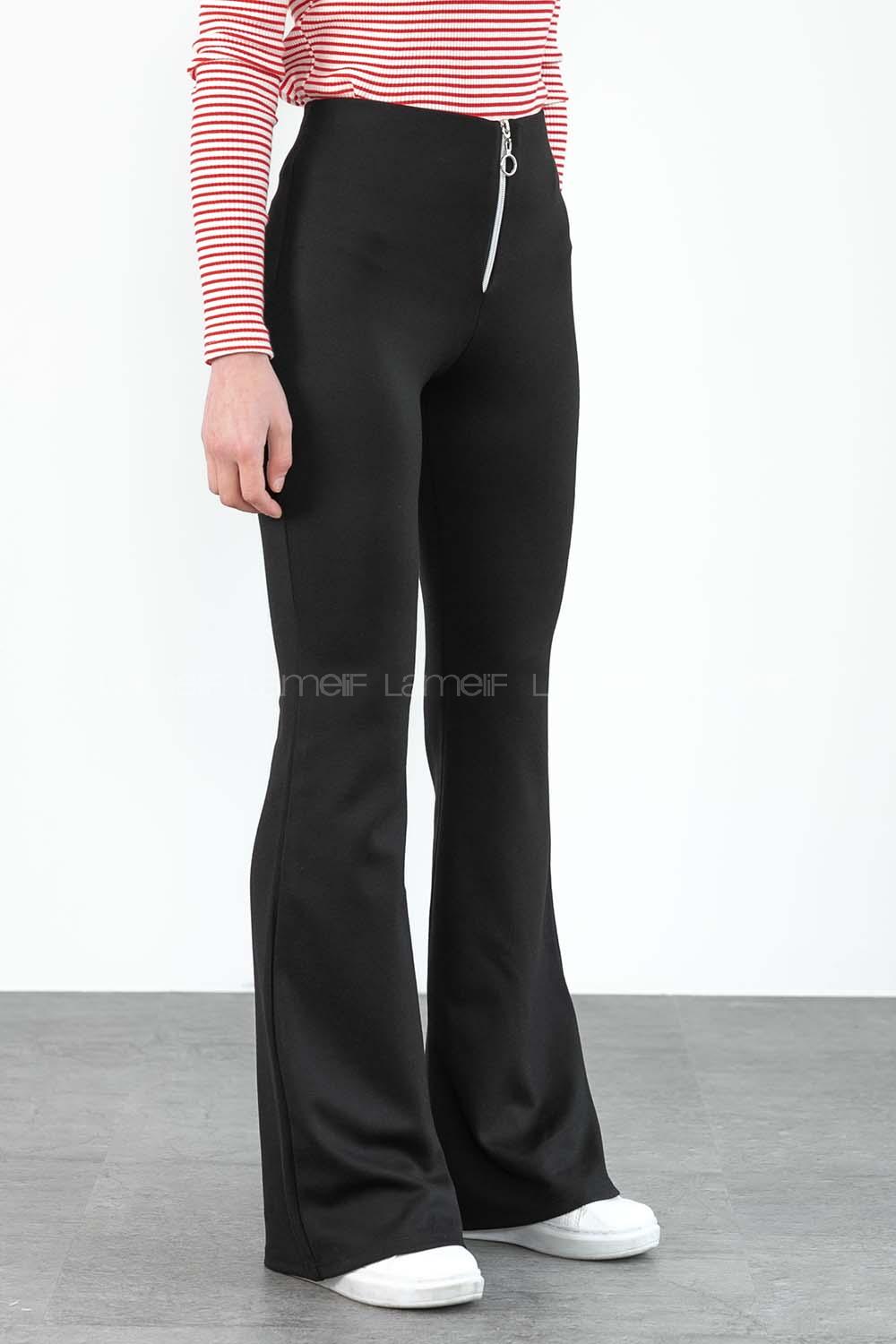 Modalamelif Önü Fermuarlı İspanyol Paça Çelik Örme Tayt Siyah