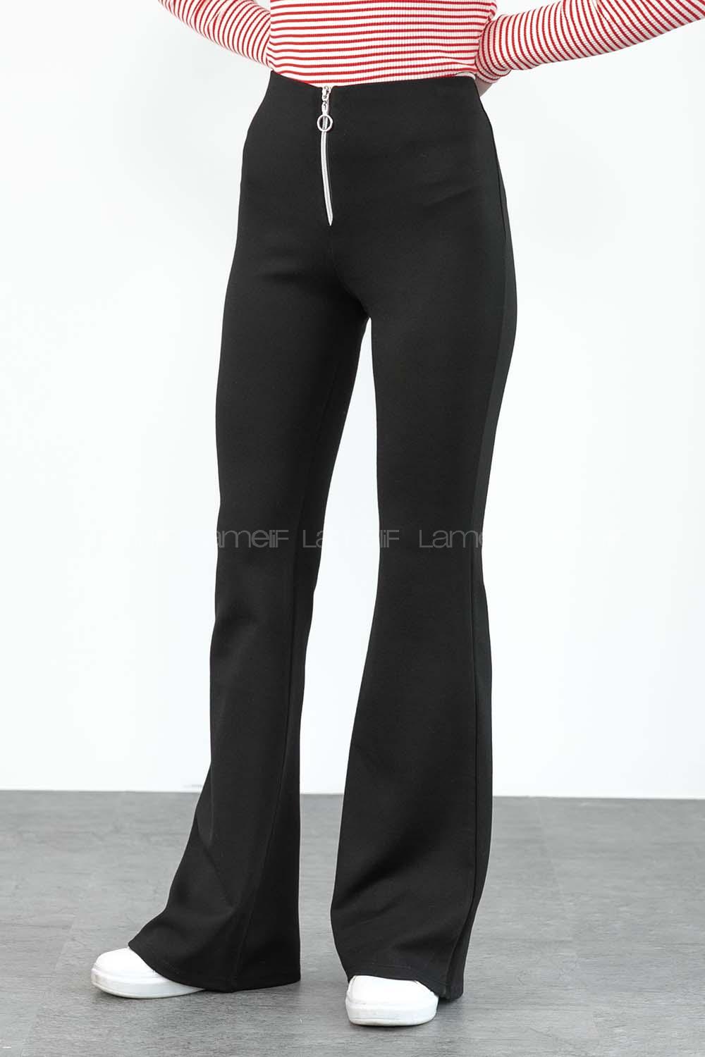 Modalamelif Önü Fermuarlı İspanyol Paça Çelik Örme Tayt Siyah