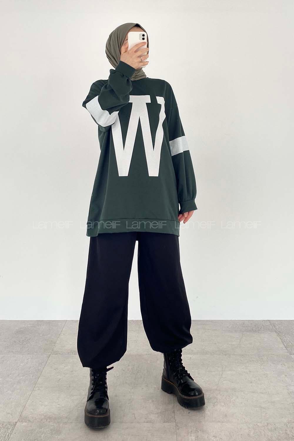 Modalamelif W Baskılı Kol Şerit Sweat Tunik Haki