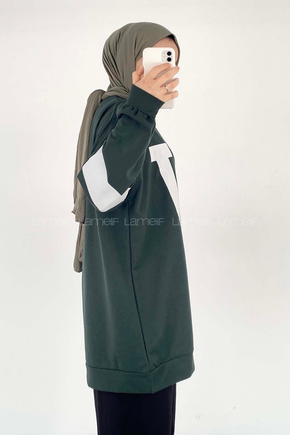 Modalamelif W Baskılı Kol Şerit Sweat Tunik Haki