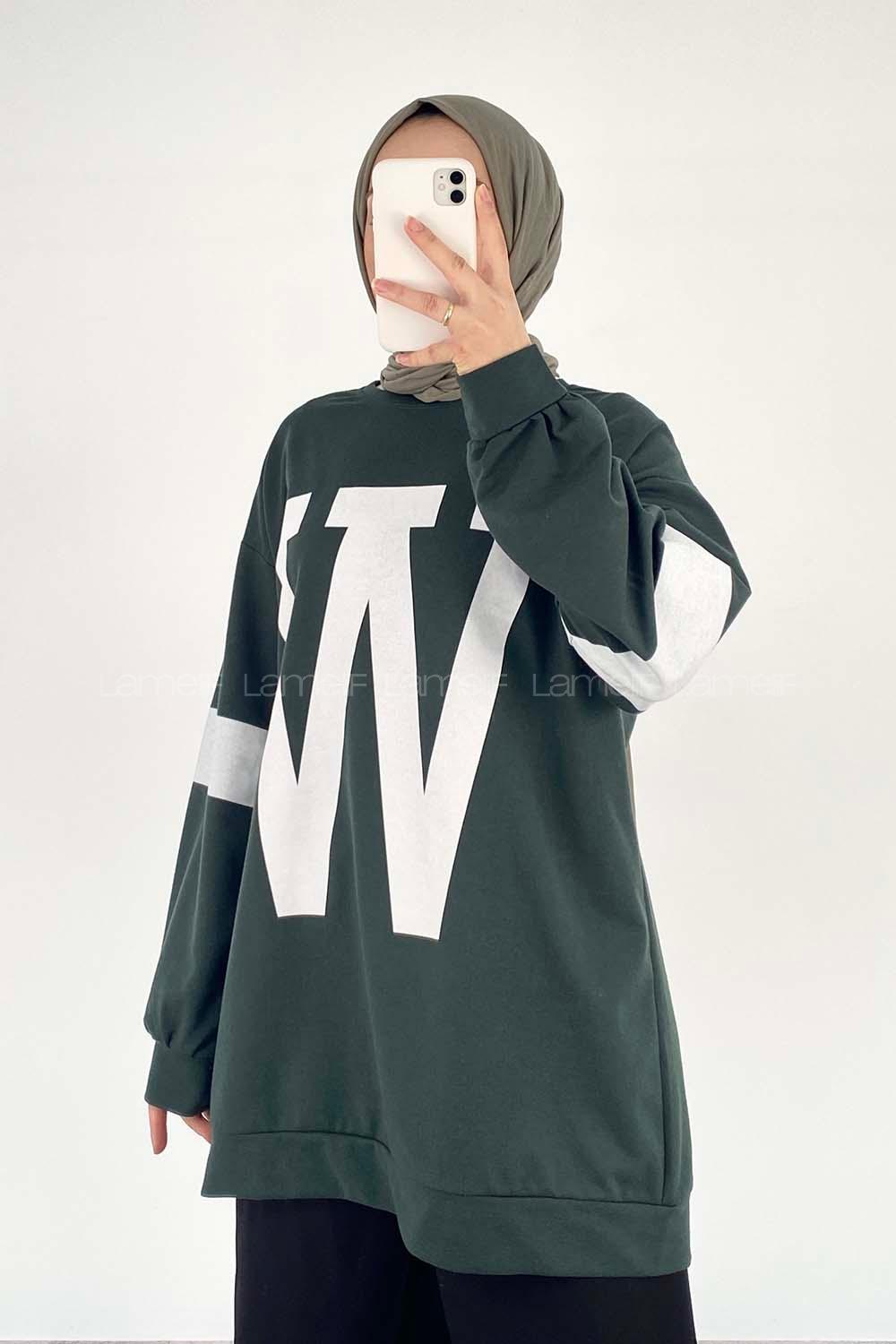 Modalamelif W Baskılı Kol Şerit Sweat Tunik Haki