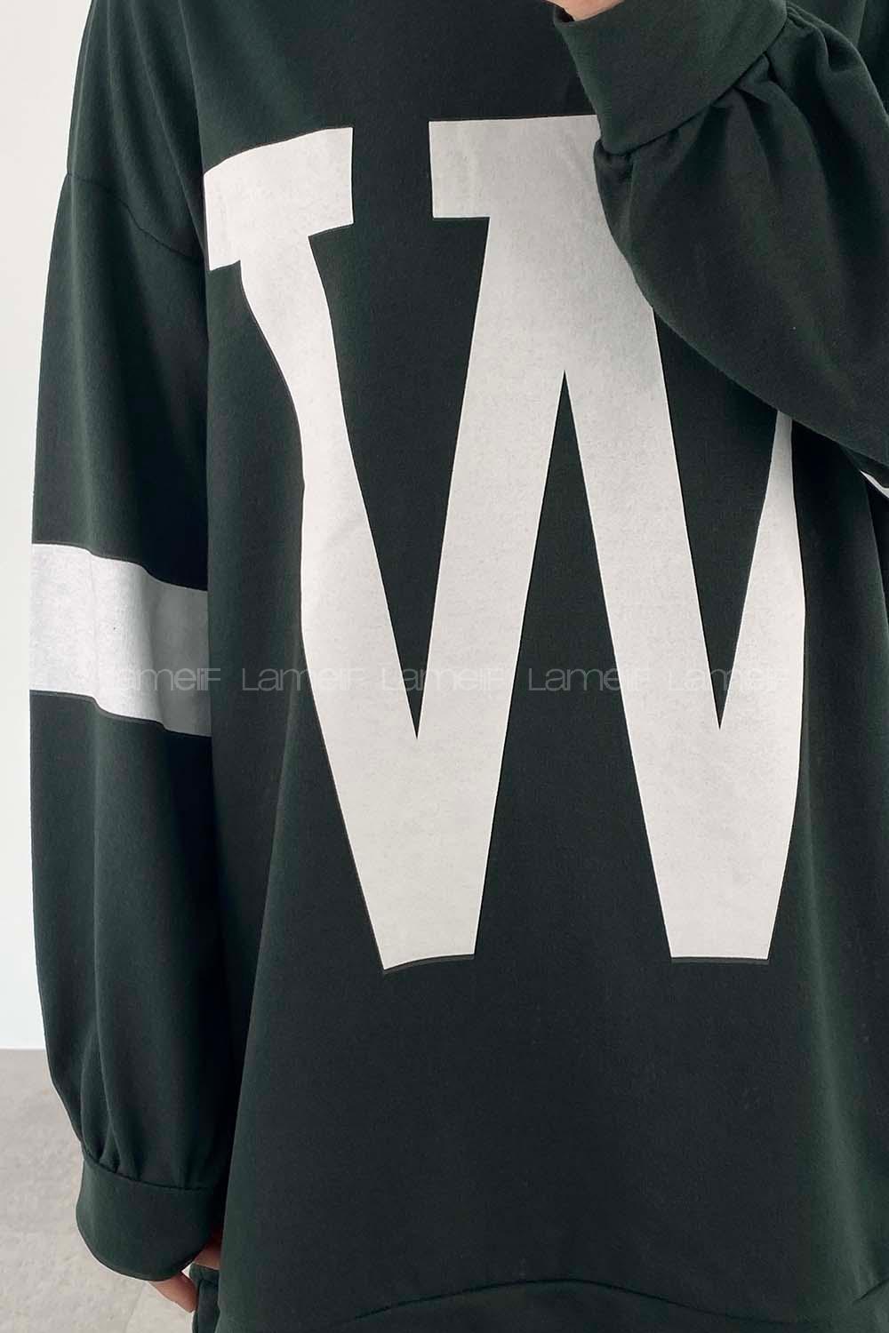 Modalamelif W Baskılı Kol Şerit Sweat Tunik Haki