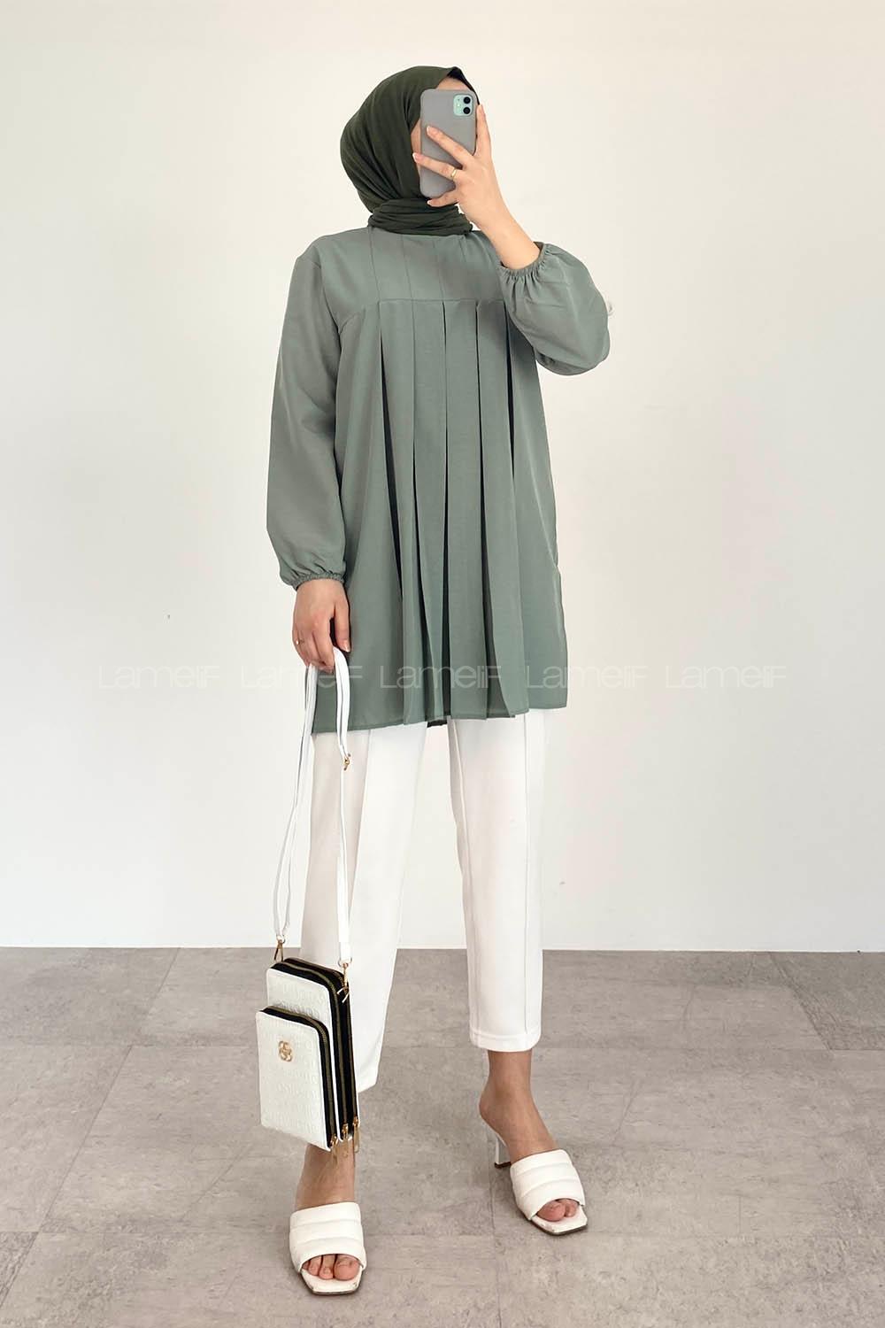 Modalamelif Kol Lastikli Pile Detaylı Tunik Pastel Yeşili