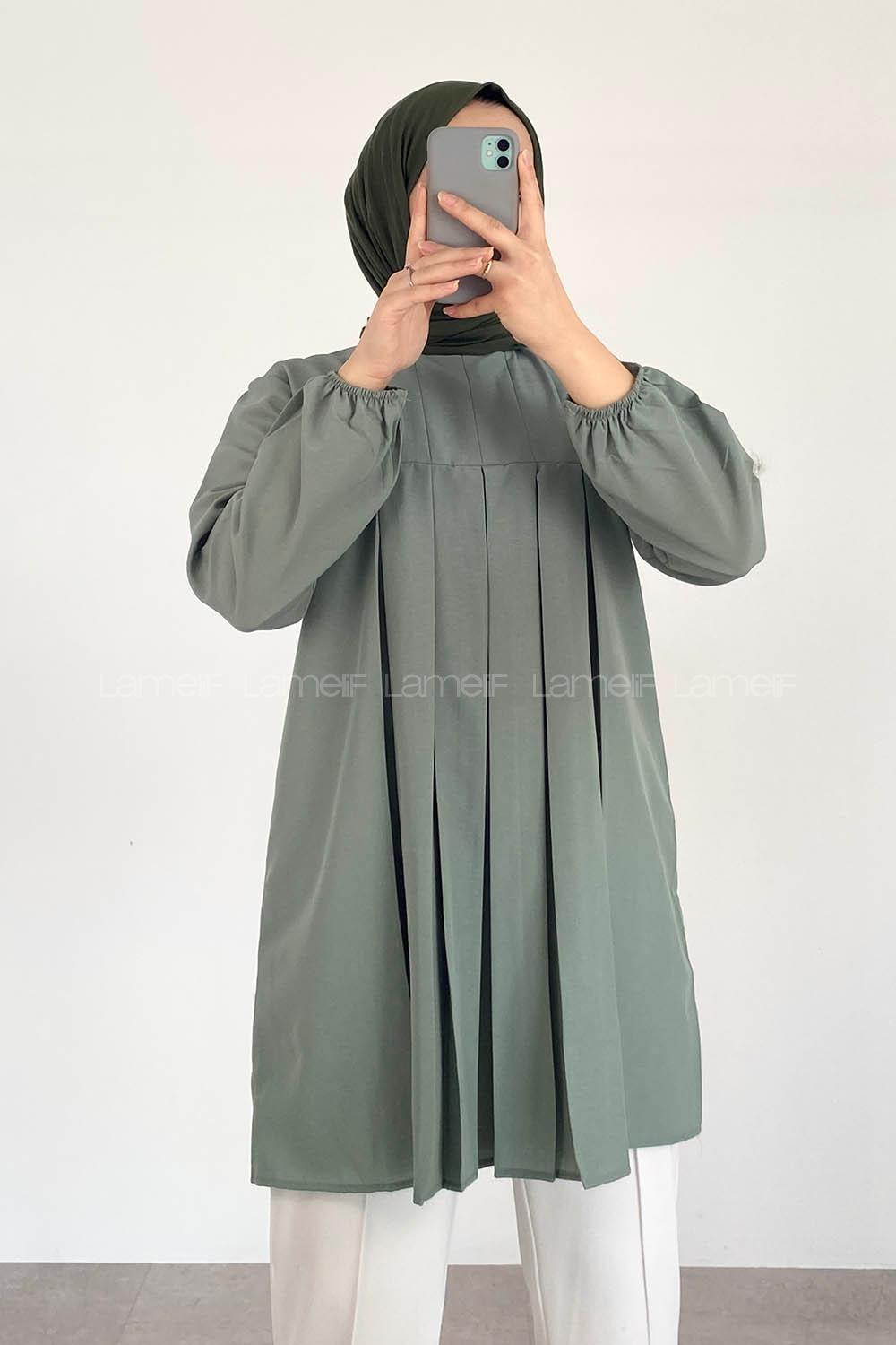 Modalamelif Kol Lastikli Pile Detaylı Tunik Pastel Yeşili