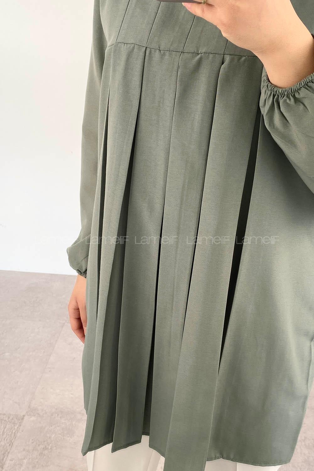 Modalamelif Kol Lastikli Pile Detaylı Tunik Pastel Yeşili