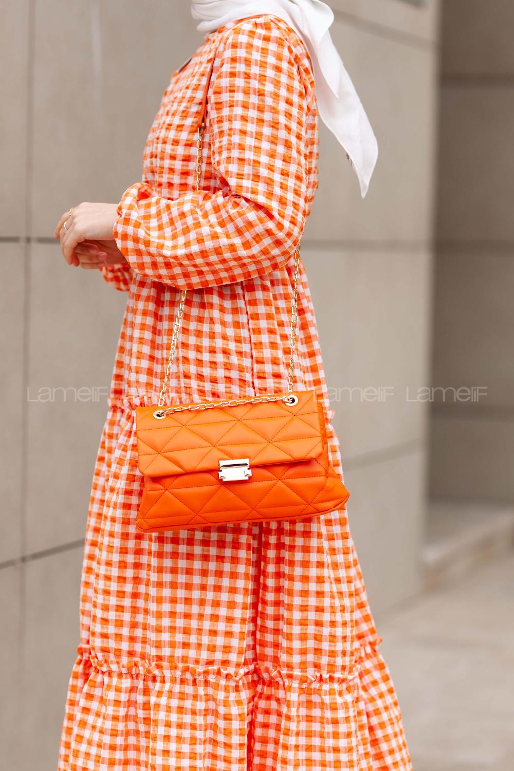 Lamelif  Zincir Askılı Nakışlı Omuz Çantası Oranj