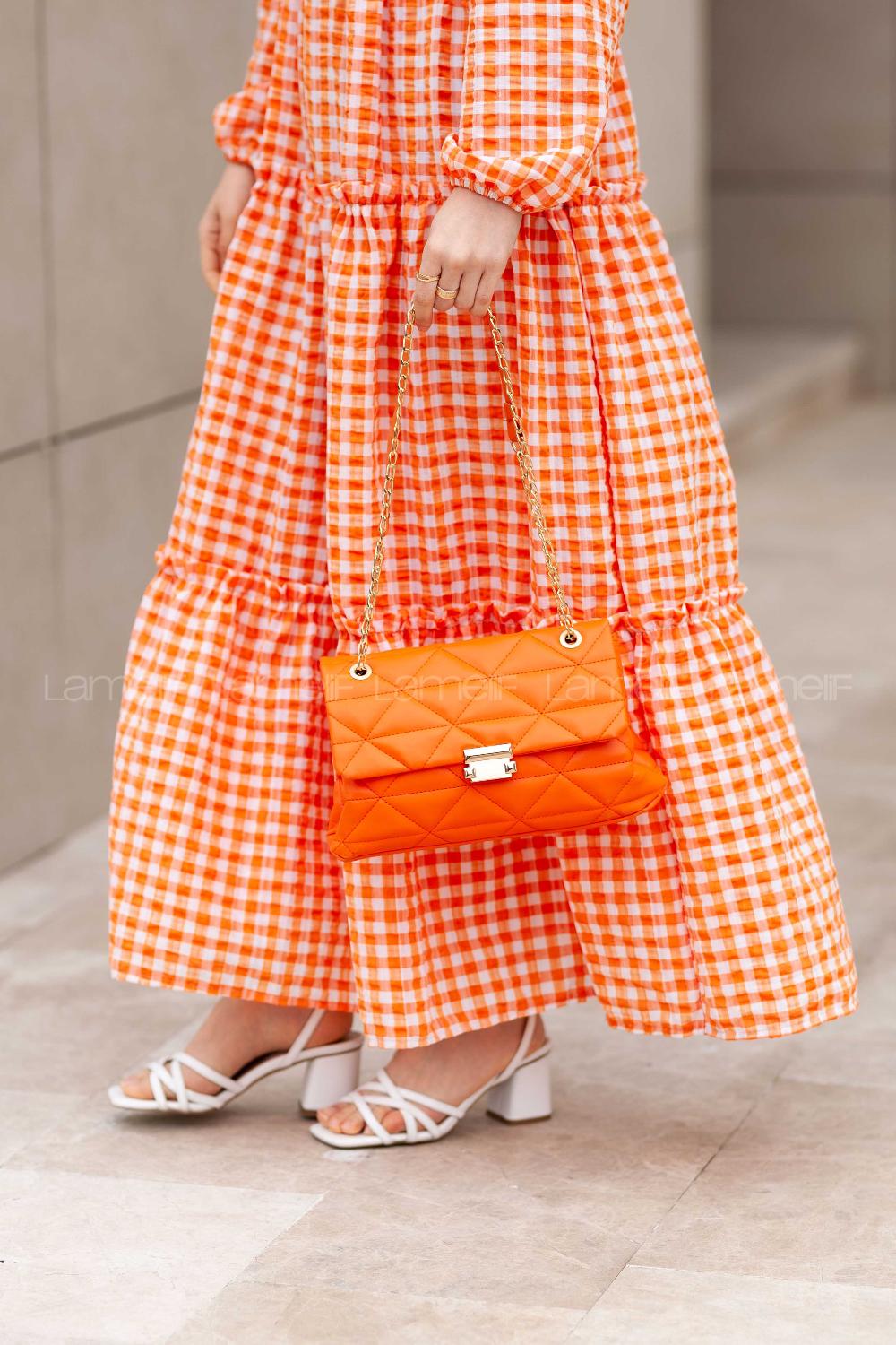 Lamelif  Zincir Askılı Nakışlı Omuz Çantası Oranj