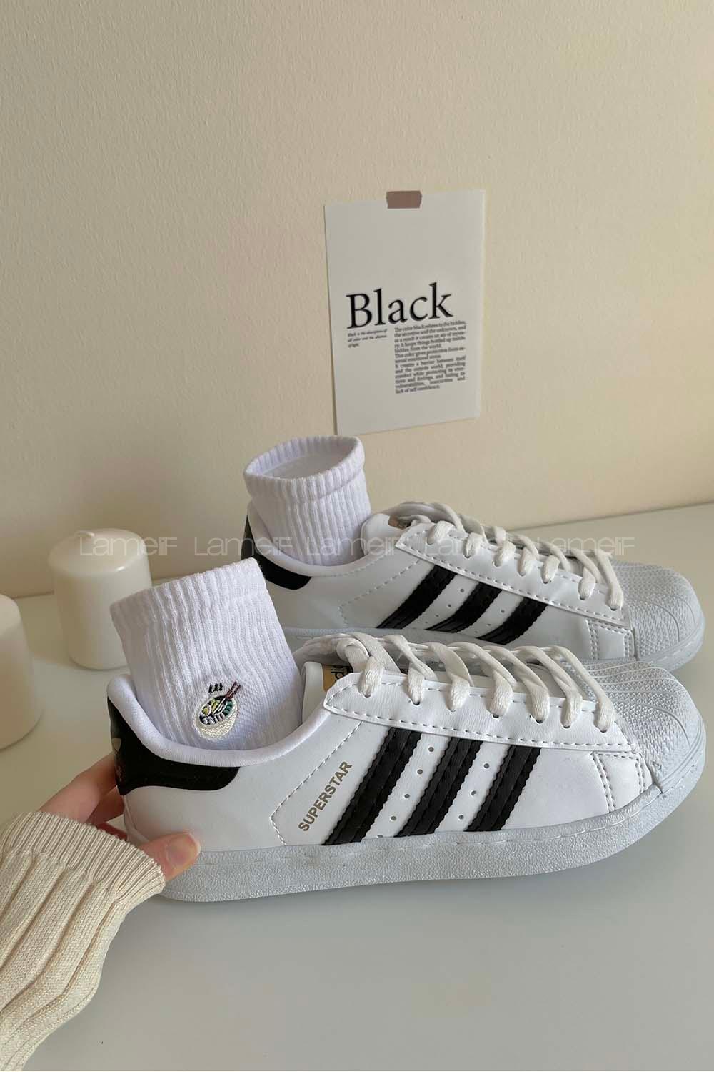 Modalamelif  Şerit Model Yüksek Taban Spor Ayakkabı Beyaz-Siyah