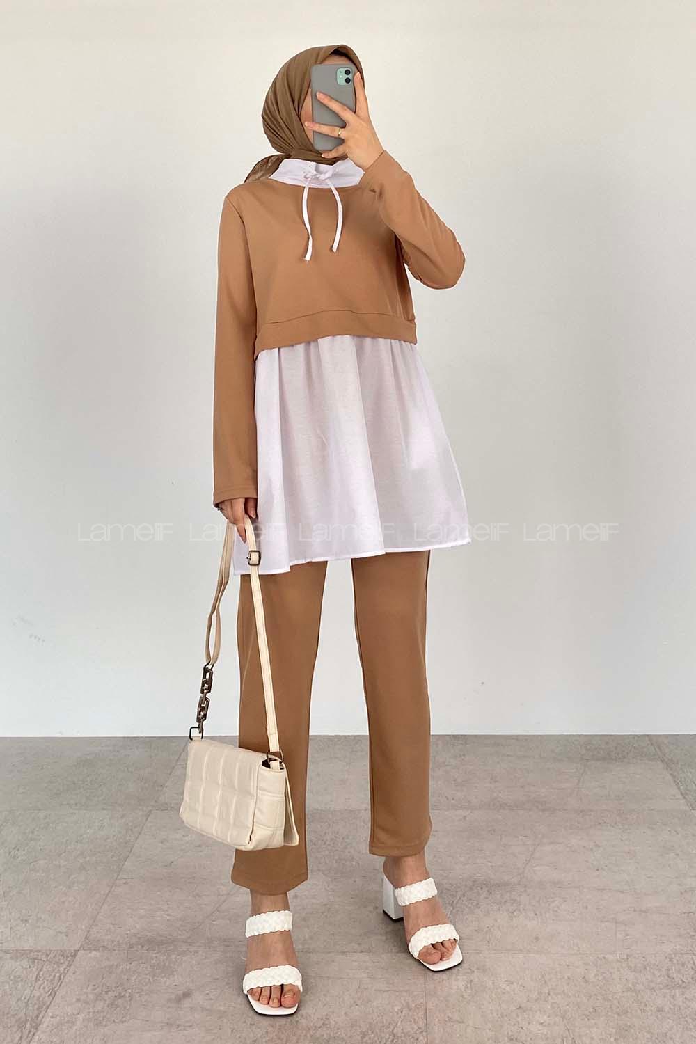 Lamelif Gömlek Garnili Tesettür Takım Camel