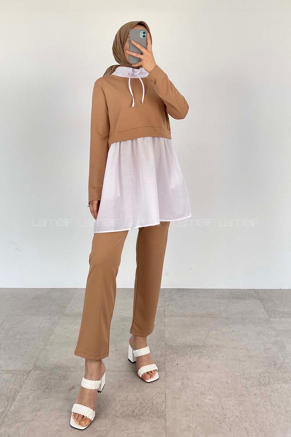 Lamelif Gömlek Garnili Tesettür Takım Camel