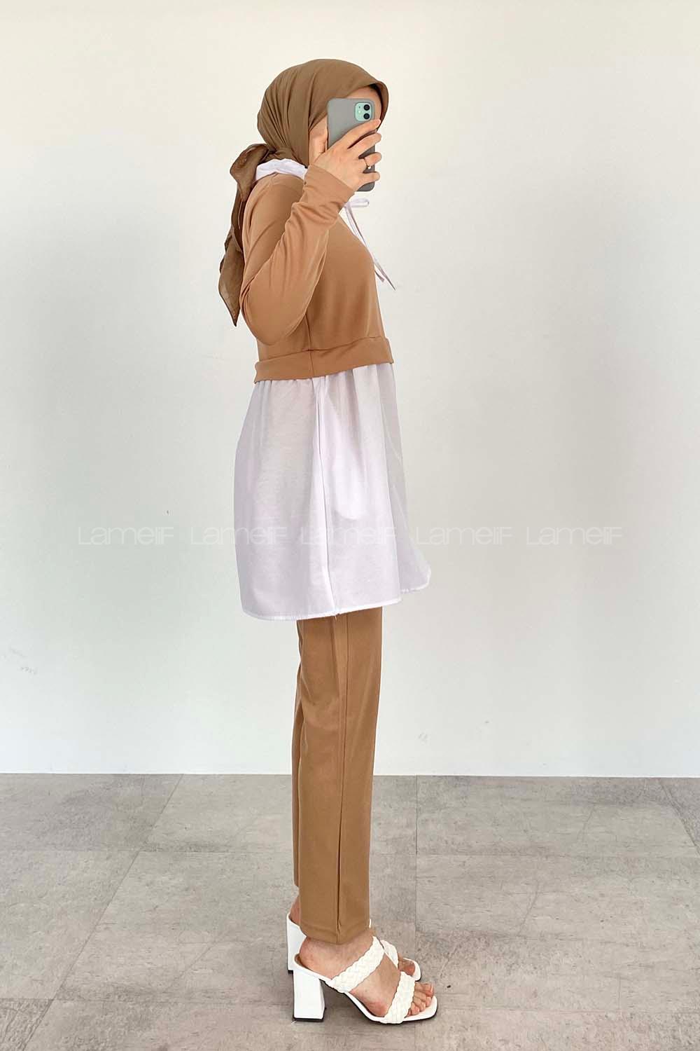 Lamelif Gömlek Garnili Tesettür Takım Camel