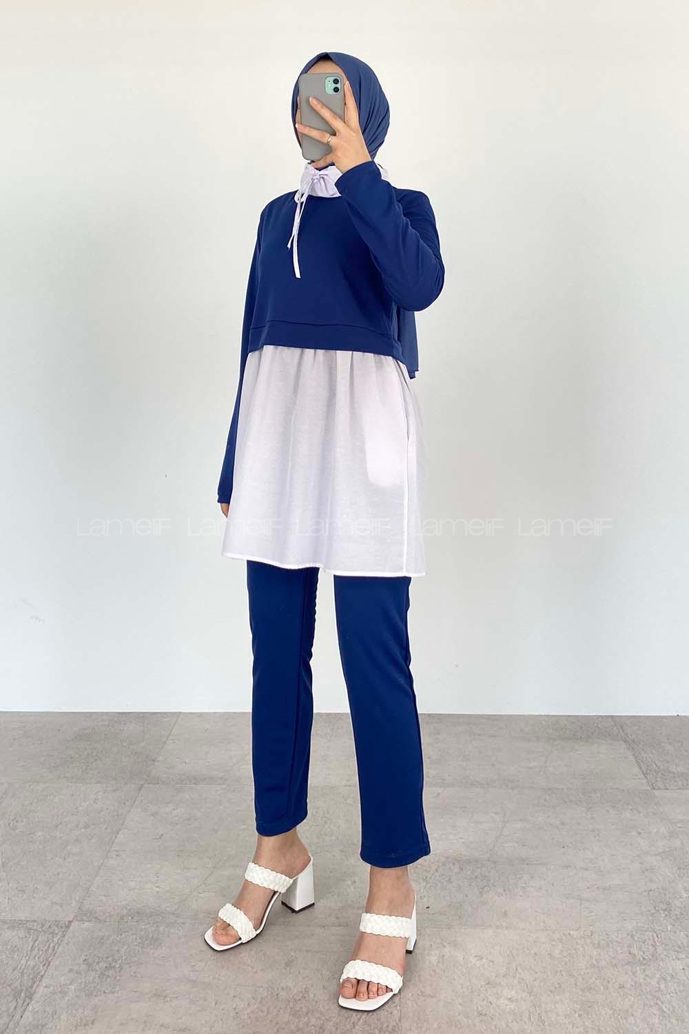 Indigo Neckband Long Arm Without Accessories Cotton Regular Trousers Comfortable Suit