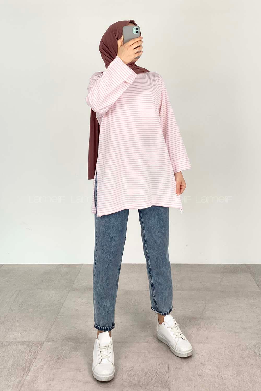 Powder Pink Crew Neck Long Arm Cotton Unprinted T-shirt