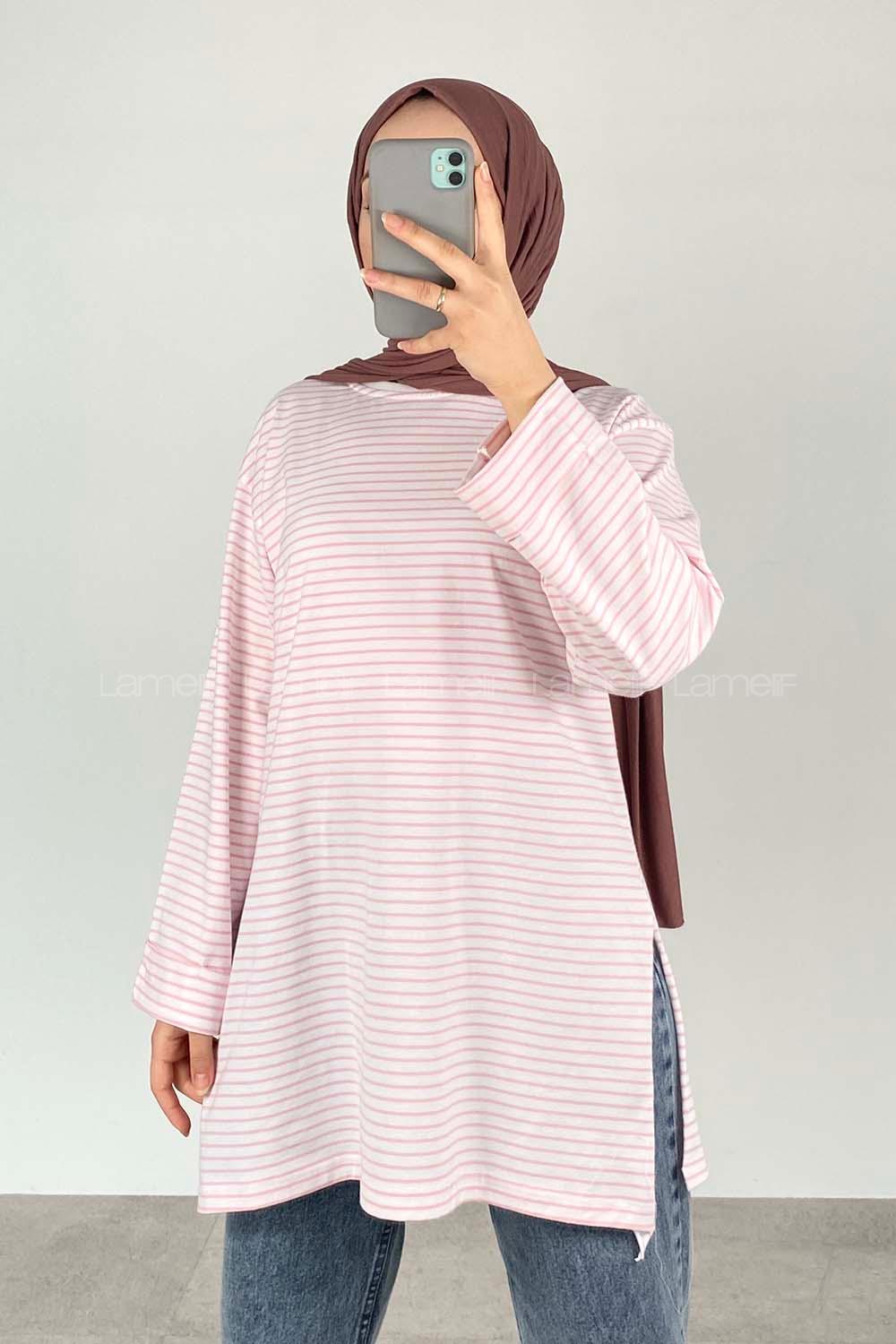 Powder Pink Crew Neck Long Arm Cotton Unprinted T-shirt