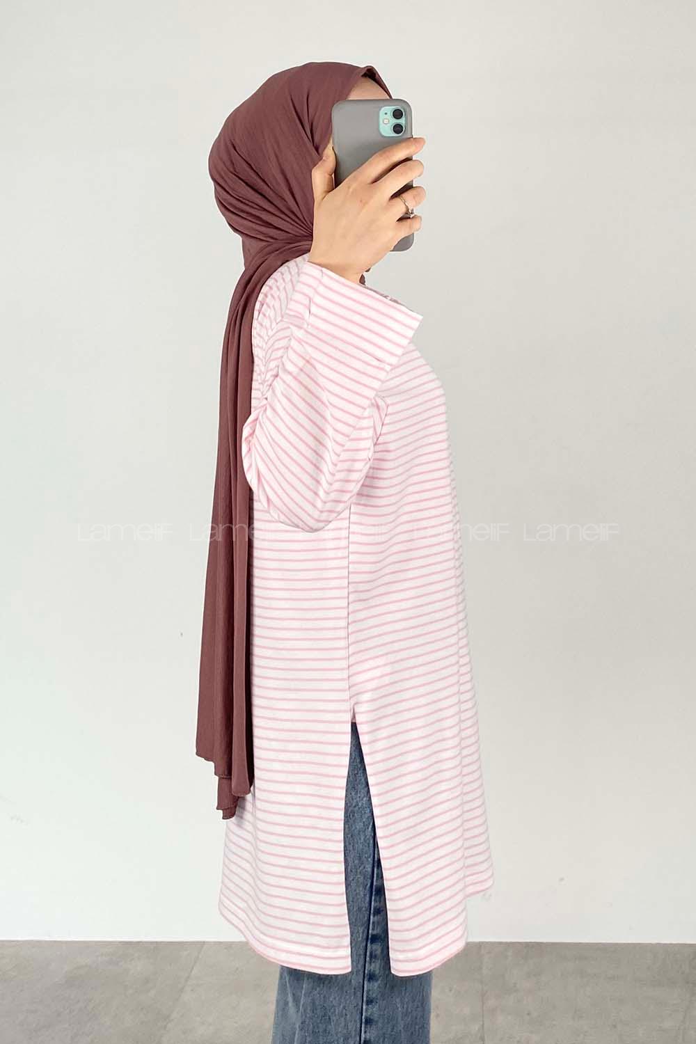 Powder Pink Crew Neck Long Arm Cotton Unprinted T-shirt