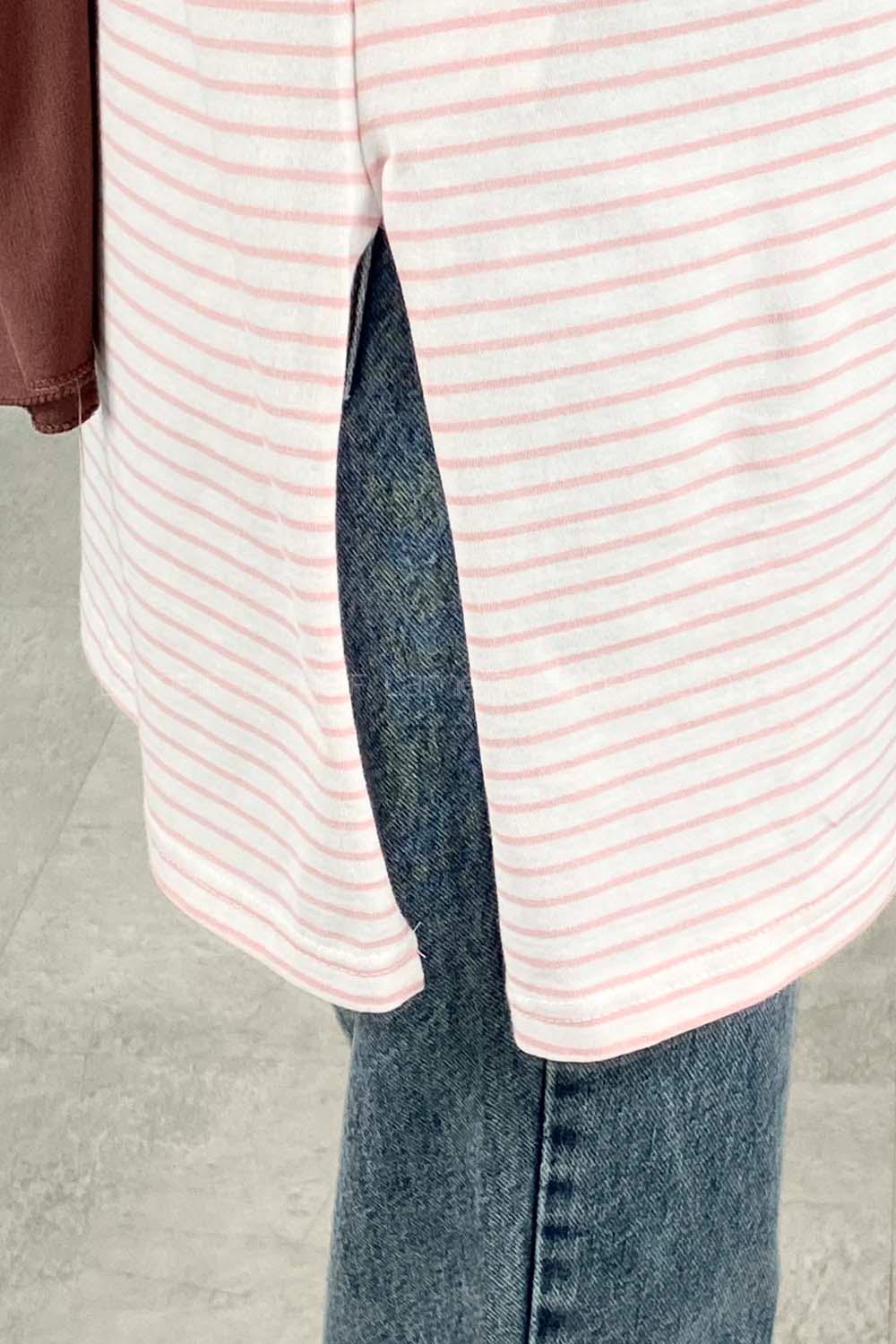 Powder Pink Crew Neck Long Arm Cotton Unprinted T-shirt