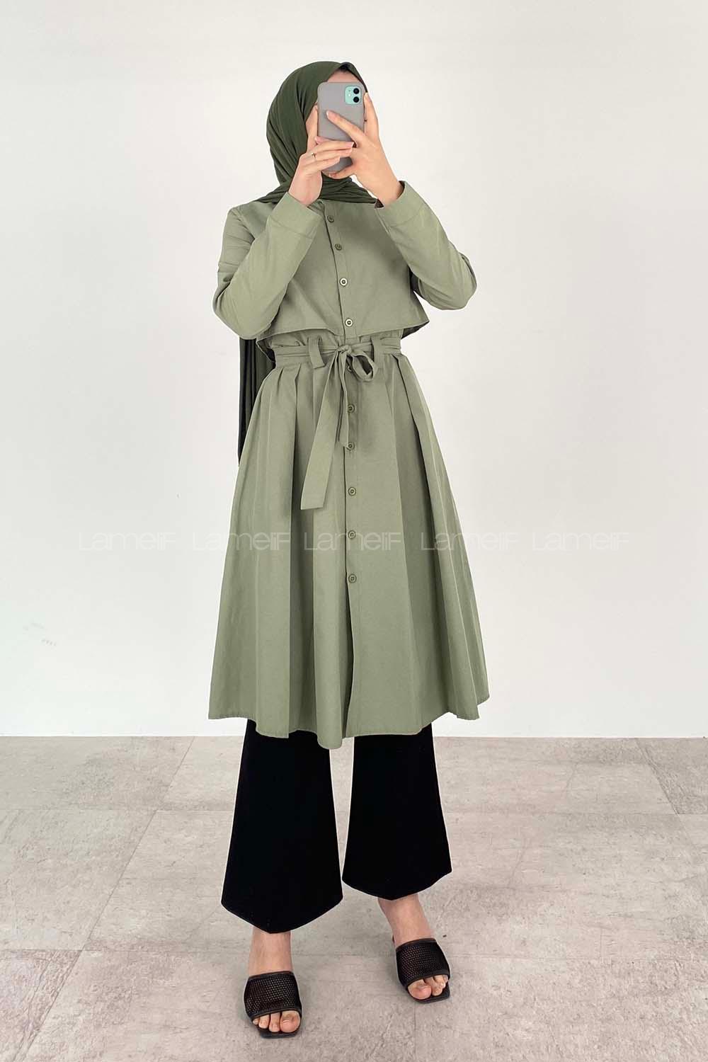 Modalamelif Önü Düğmeli Yazlık Trenç Haki