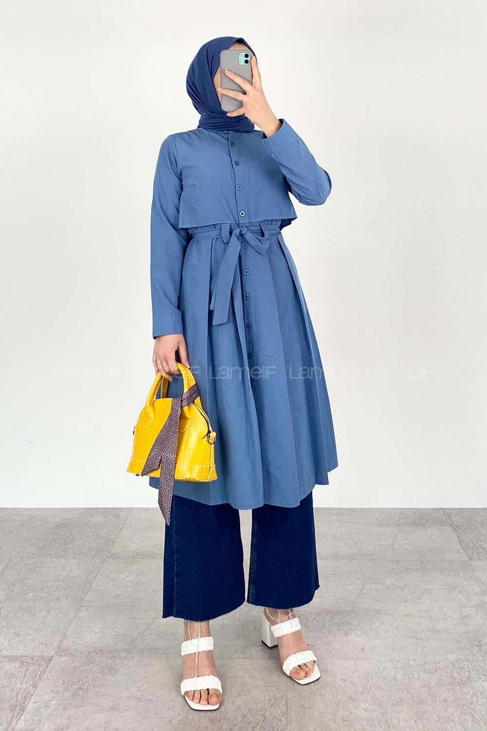 Modalamelif Önü Düğmeli Yazlık Trenç İndigo