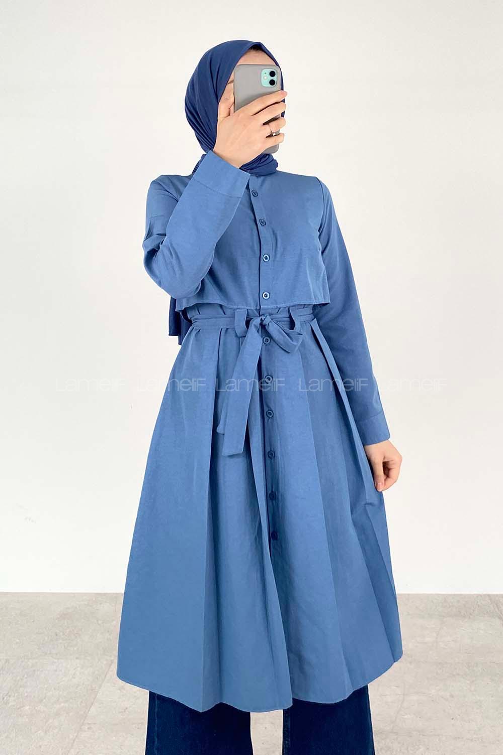 Modalamelif Önü Düğmeli Yazlık Trenç İndigo