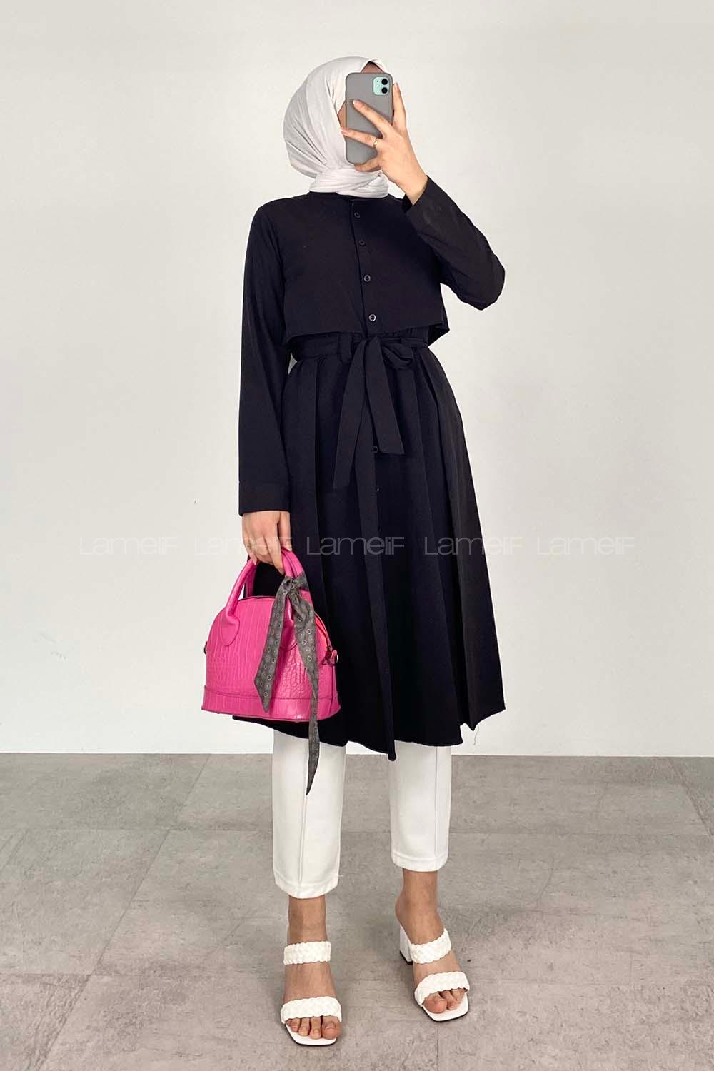 Modalamelif Önü Düğmeli Yazlık Trenç Siyah