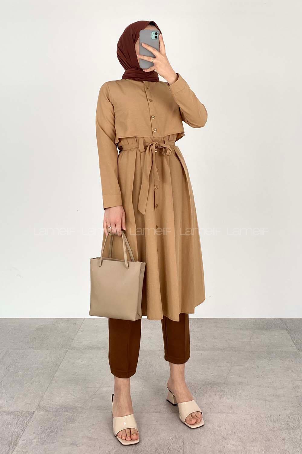 Modalamelif Önü Düğmeli Yazlık Trenç Sütlü Kahve